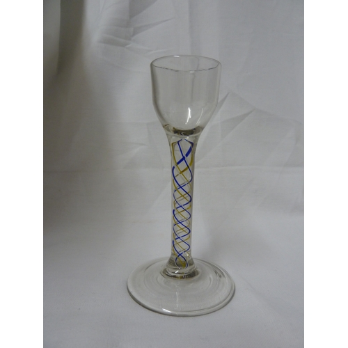 251 - English Glass - a three colour-twist cordial glass of canary yellow, blue and white twist threads, 1... 