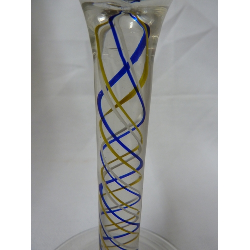 251 - English Glass - a three colour-twist cordial glass of canary yellow, blue and white twist threads, 1... 