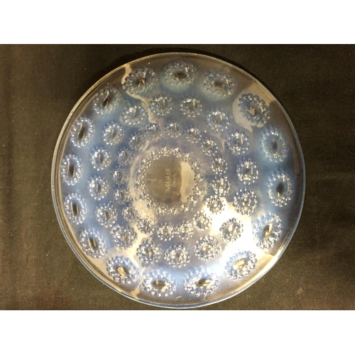 32 - Lalique - Asters, a small opalescent glass plate, decorated with flower heads in concentric rings, m... 