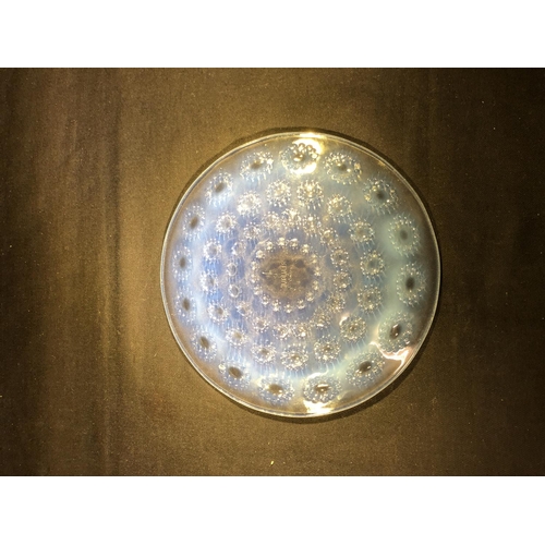 32 - Lalique - Asters, a small opalescent glass plate, decorated with flower heads in concentric rings, m... 