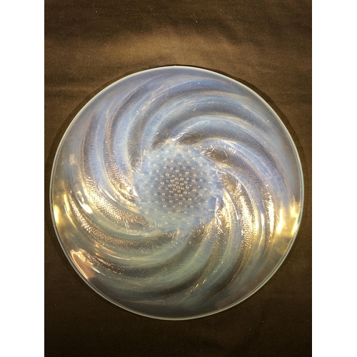 34 - Lalique - Poisson, an opalescent glass plate, decorated with curved fish radiating from a central bo... 