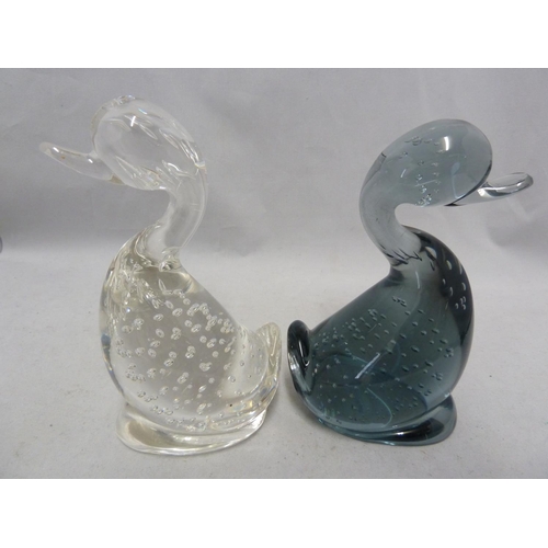 33 - Whitefriars - Two glass Dilly Ducks, in Flint and Arctic Blue, 14cm high approx (2)