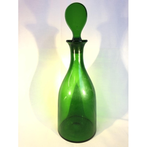 217 - English Glass - an emerald green glass mallet form decanter with flat teardrop stopper, 33cm high (2... 