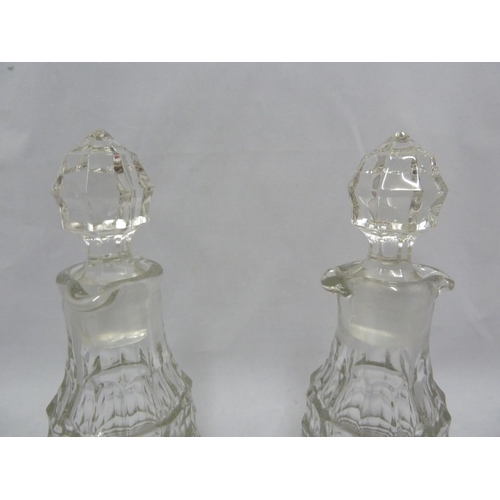 216 - Clayton Mayers - a pair of pressed glass Jacobean pattern cruet bottles and stoppers, 22.5cm high; a... 