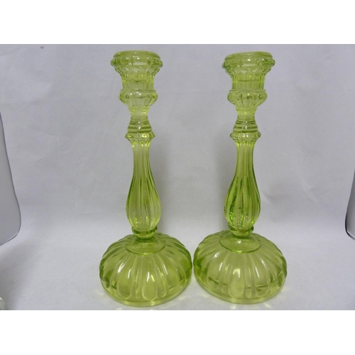 216 - Clayton Mayers - a pair of pressed glass Jacobean pattern cruet bottles and stoppers, 22.5cm high; a... 