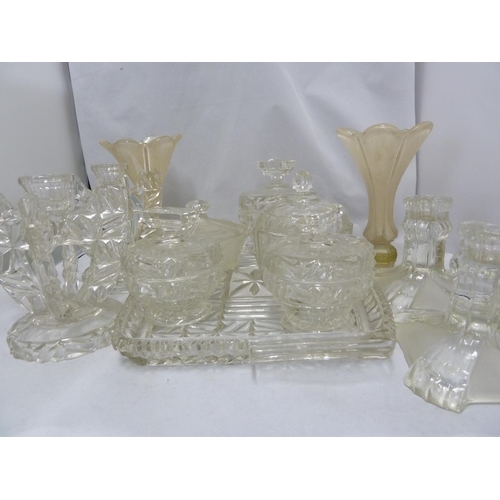 215 - English pressed glass - quantity of pressed glass dressing table wares, including a pair of Art Deco... 