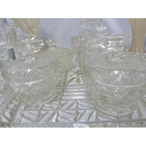 215 - English pressed glass - quantity of pressed glass dressing table wares, including a pair of Art Deco... 