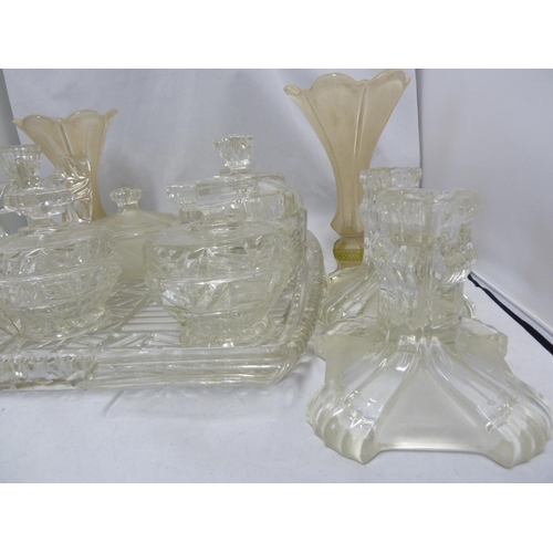 215 - English pressed glass - quantity of pressed glass dressing table wares, including a pair of Art Deco... 