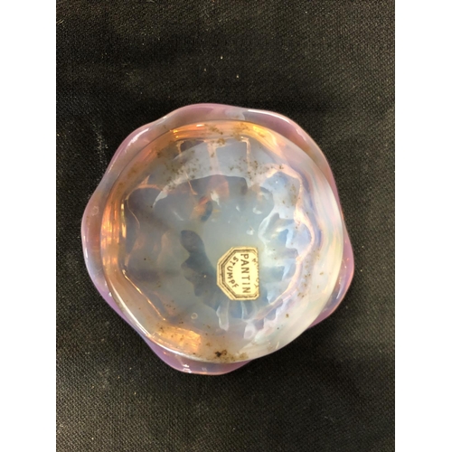 186 - Cristallerie de Pantin - an iridescent opaline glass salt, pink/orange colouration, circular with wa... 