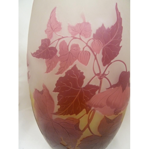 182 - Emile Galle - a large cameo glass vase, of ovoid form, cased in pink tones and cut through to a fros... 