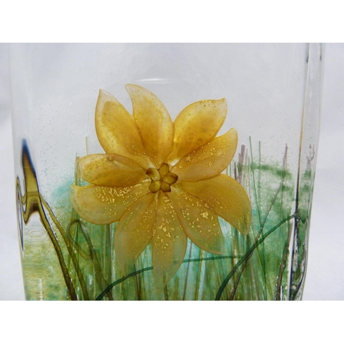 14 - Timothy Harris for Isle of Wight Glass- a solid glass block with internal design of a yellow flower,... 