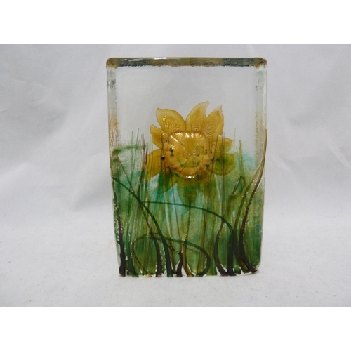 14 - Timothy Harris for Isle of Wight Glass- a solid glass block with internal design of a yellow flower,... 