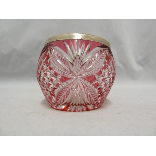 254 - English Glass - possibly Stevens and Williams, a silver mounted preserve pot, of ruby overlay on col... 