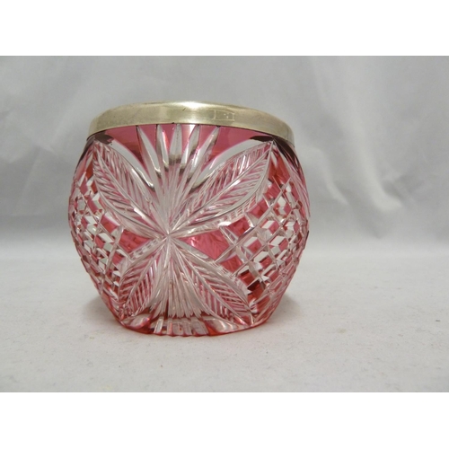 254 - English Glass - possibly Stevens and Williams, a silver mounted preserve pot, of ruby overlay on col... 