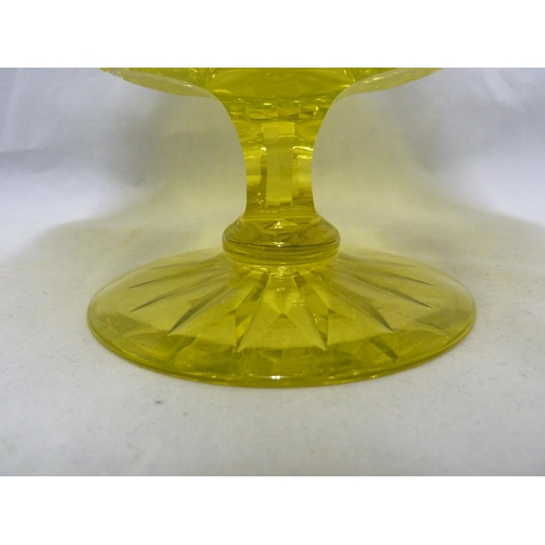 193 - Richardsons - a uranium cut glass tazza, the circular bowl with everted rim, cut with hobnail bandin... 