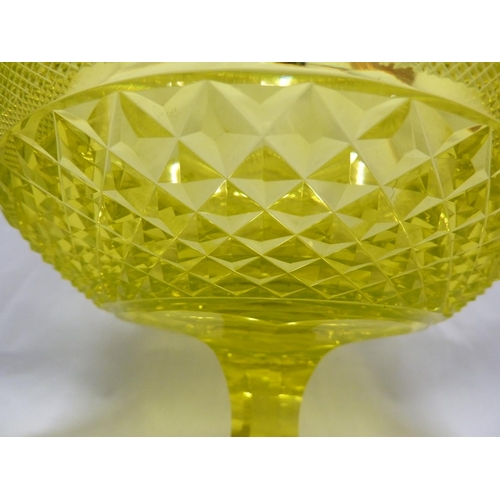 193 - Richardsons - a uranium cut glass tazza, the circular bowl with everted rim, cut with hobnail bandin... 