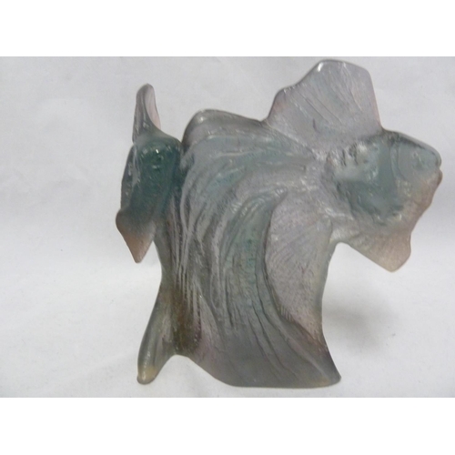 180 - Daum - a Pate de Verre glass sculpture of two exotic fish, in tones of blue and pink moulded facsimi... 