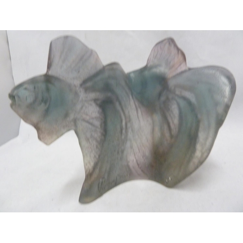 180 - Daum - a Pate de Verre glass sculpture of two exotic fish, in tones of blue and pink moulded facsimi... 