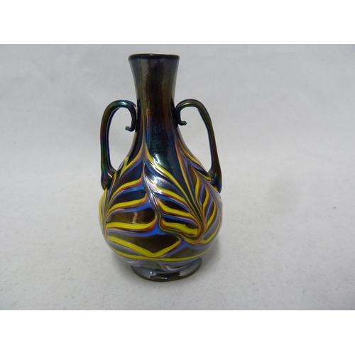 160 - Venetian Glass - a miniature Phoenician two handled urn vase, the blue back glass with nacreous fini... 