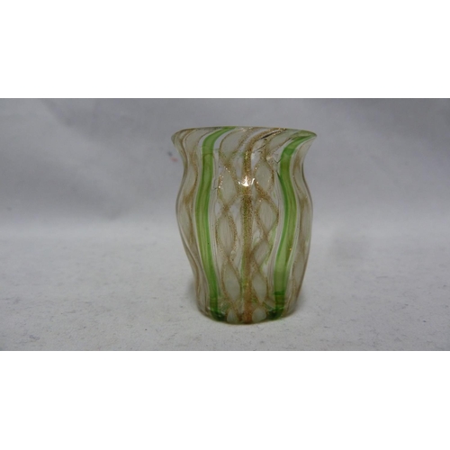 159 - Murano Glass - four latticino glass items - a dimple beaker in aventurine and white; a small bottle ... 