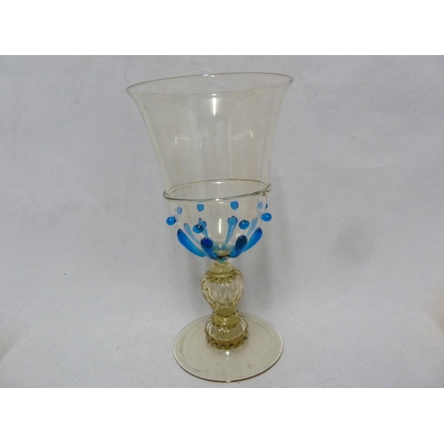 149 - Murano Glass - five items, comprising: a goblet applied with bright blue teardrops and jewels on a a... 