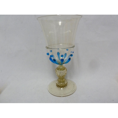 149 - Murano Glass - five items, comprising: a goblet applied with bright blue teardrops and jewels on a a... 