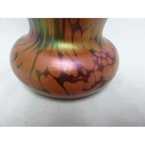 146 - Kralik - a double gourd form glass vase of variegated violet and rose with green iridescence, 18.5cm... 