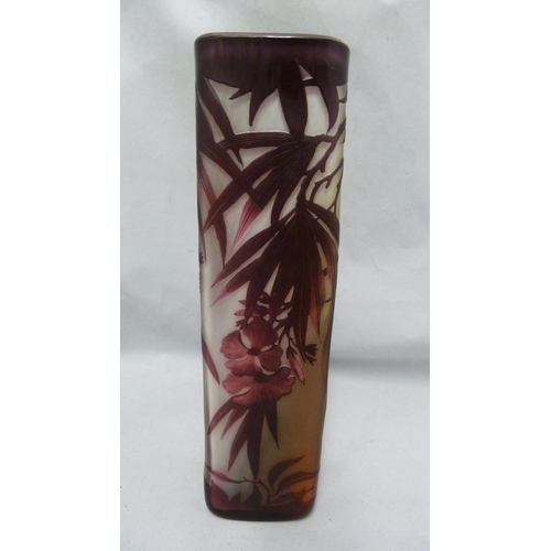 188 - Muller Freres - a cameo glass vase, of square section, cut from rose pink and aubergine to mottled o... 