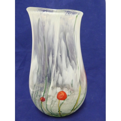 41 - Siddy Langley - a Celedon Spring glass vase, of folded bulbous form with stems and yellow and red fl... 