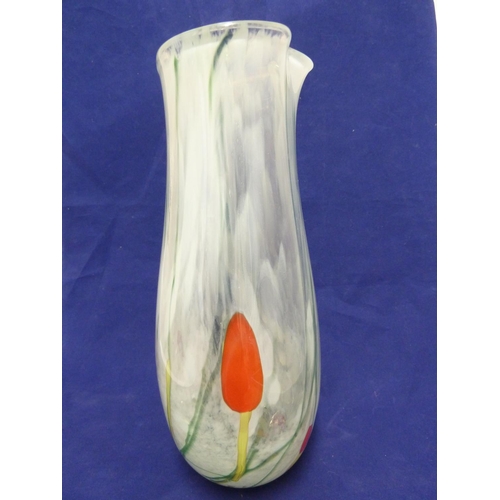 41 - Siddy Langley - a Celedon Spring glass vase, of folded bulbous form with stems and yellow and red fl... 