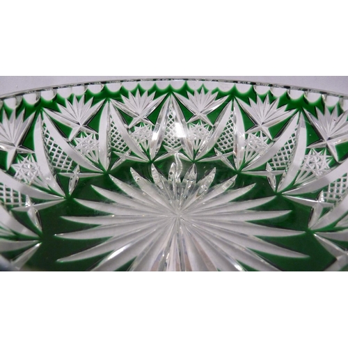 69 - Val St Lambert - an emerald green overlay glass centerpiece bowl, cut with a central starburst, 20cm... 