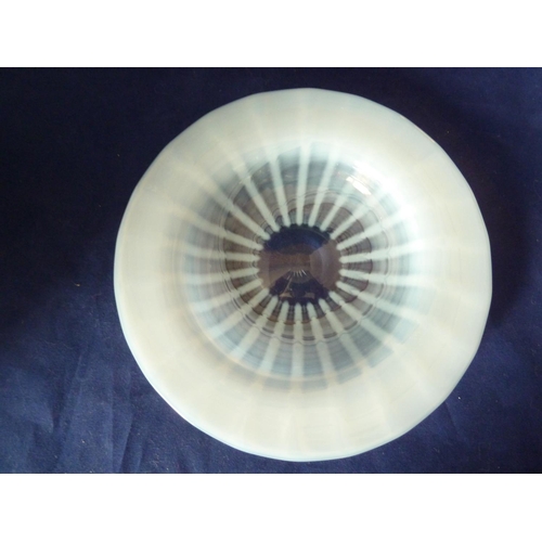 226 - English Glass - A threaded striped opaline glass bowl, with wavy rim; and a striped opaline glass pl... 