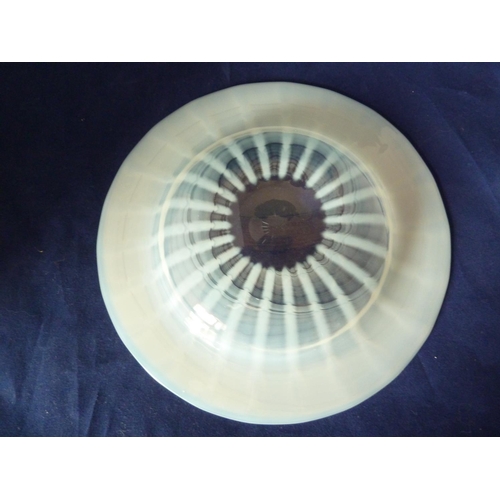 226 - English Glass - A threaded striped opaline glass bowl, with wavy rim; and a striped opaline glass pl... 