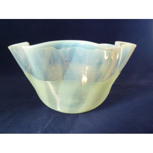 226 - English Glass - A threaded striped opaline glass bowl, with wavy rim; and a striped opaline glass pl... 