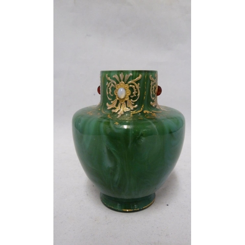 141 - Loetz - a Malachit / Malachite jewelled, gilded and enamelled glass vase, of ovoid form with flat sh... 