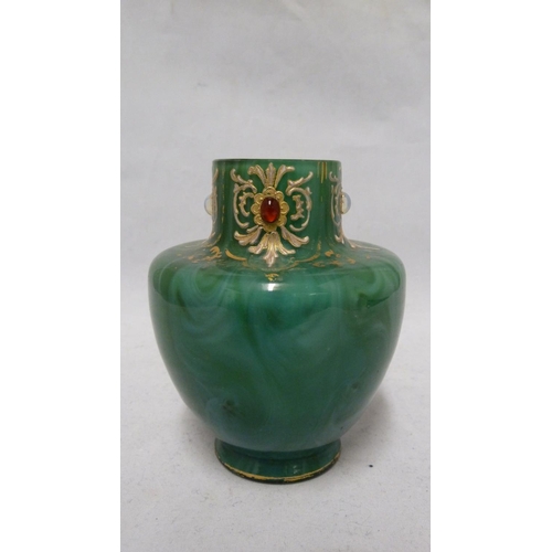 141 - Loetz - a Malachit / Malachite jewelled, gilded and enamelled glass vase, of ovoid form with flat sh... 