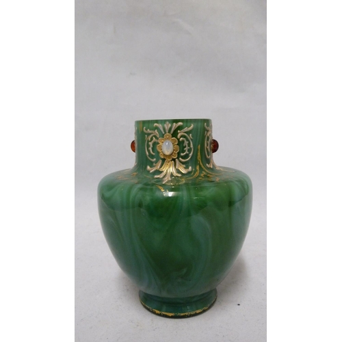 141 - Loetz - a Malachit / Malachite jewelled, gilded and enamelled glass vase, of ovoid form with flat sh... 