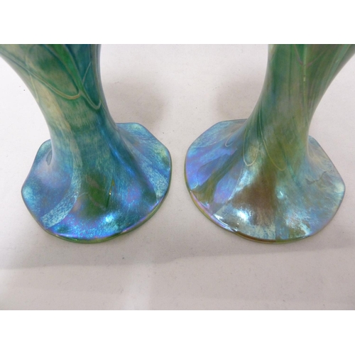 16 - Isle of Wight, possibly Alum Bay - a  pair of convolvulus bud form glass vases of nacreous green blu... 