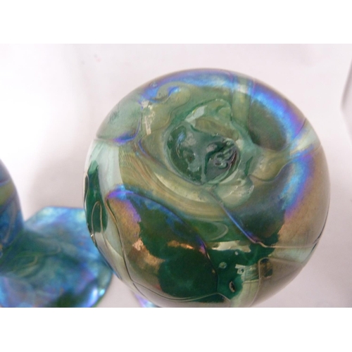 16 - Isle of Wight, possibly Alum Bay - a  pair of convolvulus bud form glass vases of nacreous green blu... 