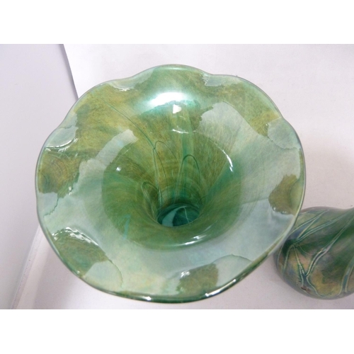 16 - Isle of Wight, possibly Alum Bay - a  pair of convolvulus bud form glass vases of nacreous green blu... 