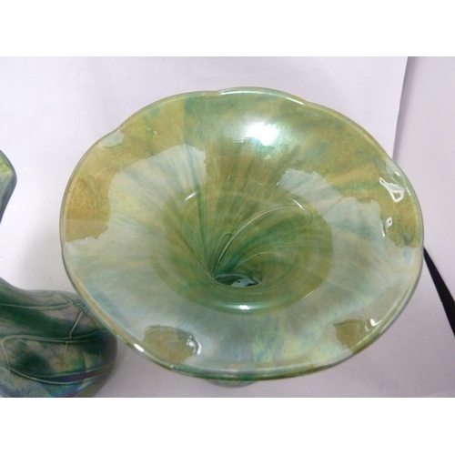 16 - Isle of Wight, possibly Alum Bay - a  pair of convolvulus bud form glass vases of nacreous green blu... 