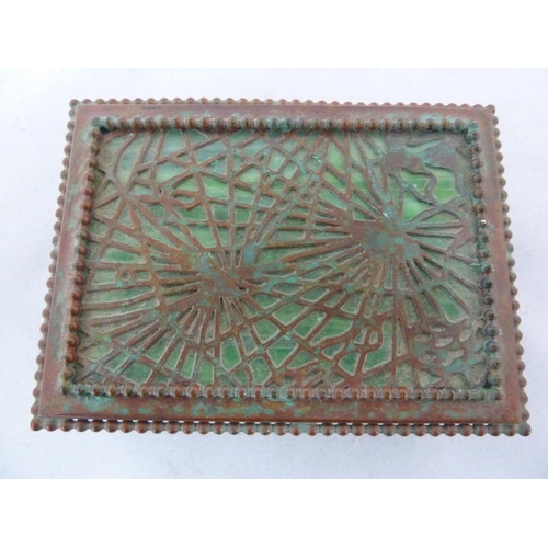 161 - Tiffany Studios, New York - a glass and patinated bronze 'pine needle box, rectangular set with pane... 