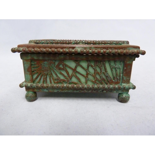 161 - Tiffany Studios, New York - a glass and patinated bronze 'pine needle box, rectangular set with pane... 