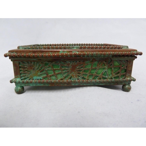 161 - Tiffany Studios, New York - a glass and patinated bronze 'pine needle box, rectangular set with pane... 