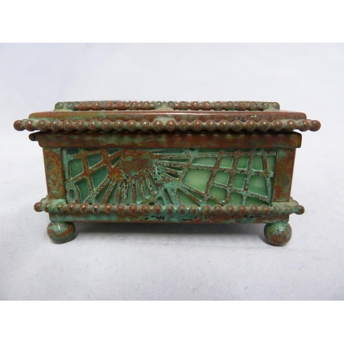 161 - Tiffany Studios, New York - a glass and patinated bronze 'pine needle box, rectangular set with pane... 