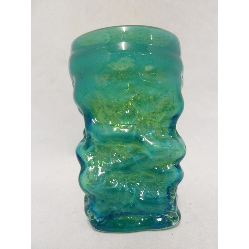 19 - Mdina glass - a Bark vase, of small size, of square section base and circular top, blue/green colour... 