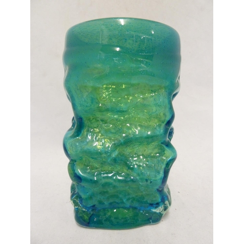 19 - Mdina glass - a Bark vase, of small size, of square section base and circular top, blue/green colour... 