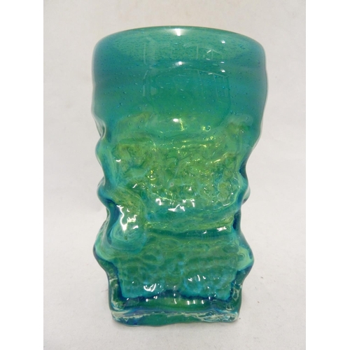 19 - Mdina glass - a Bark vase, of small size, of square section base and circular top, blue/green colour... 