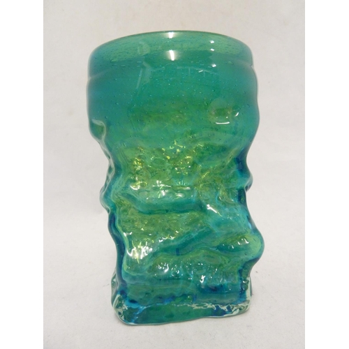 19 - Mdina glass - a Bark vase, of small size, of square section base and circular top, blue/green colour... 