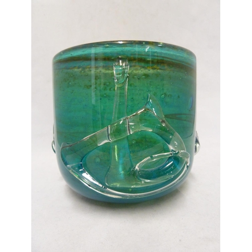 20 - Mdina glass - a Chinese bowl, of sand, green and blue colour applied with 3 colourless glass 'charac... 